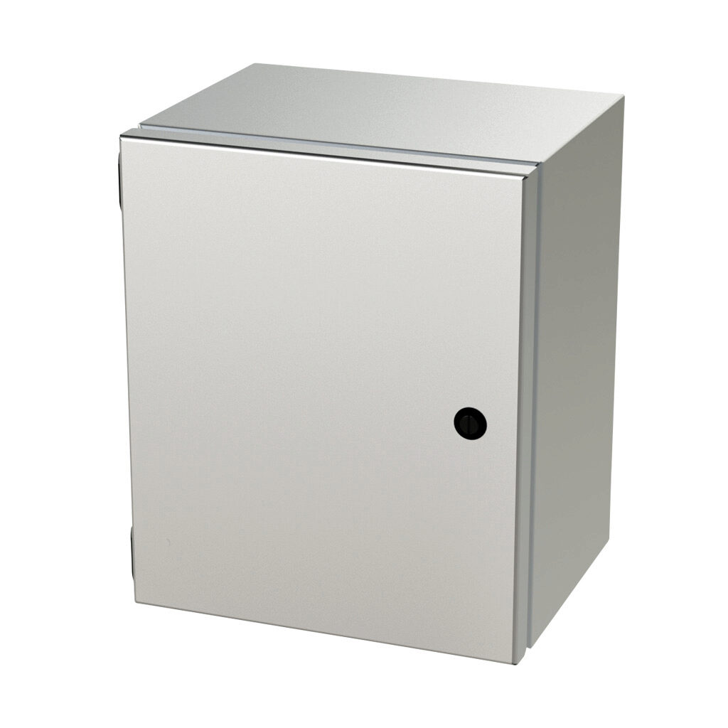 SCE-12108ELJSS - Saginaw Enviroline Junction series enclosure, NEMA 3R/4/4X/12/13, 12 x 10 x 8in (HxWxD), wall mount, 304 stainless steel, #4 brush finish, single-door, 1/4-turn semi-flush latch.
