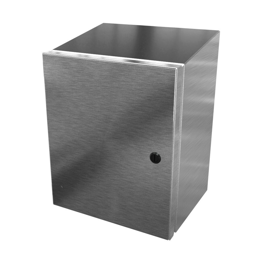 SCE-12108ELJSSST - Saginaw Enviroline Junction series enclosure, slope top, NEMA 3R/4/4X/12/13, 12 x 10 x 8in (HxWxD), wall mount, 304 stainless steel, #4 brush finish, single-door, 1/4-turn semi-flush latch.