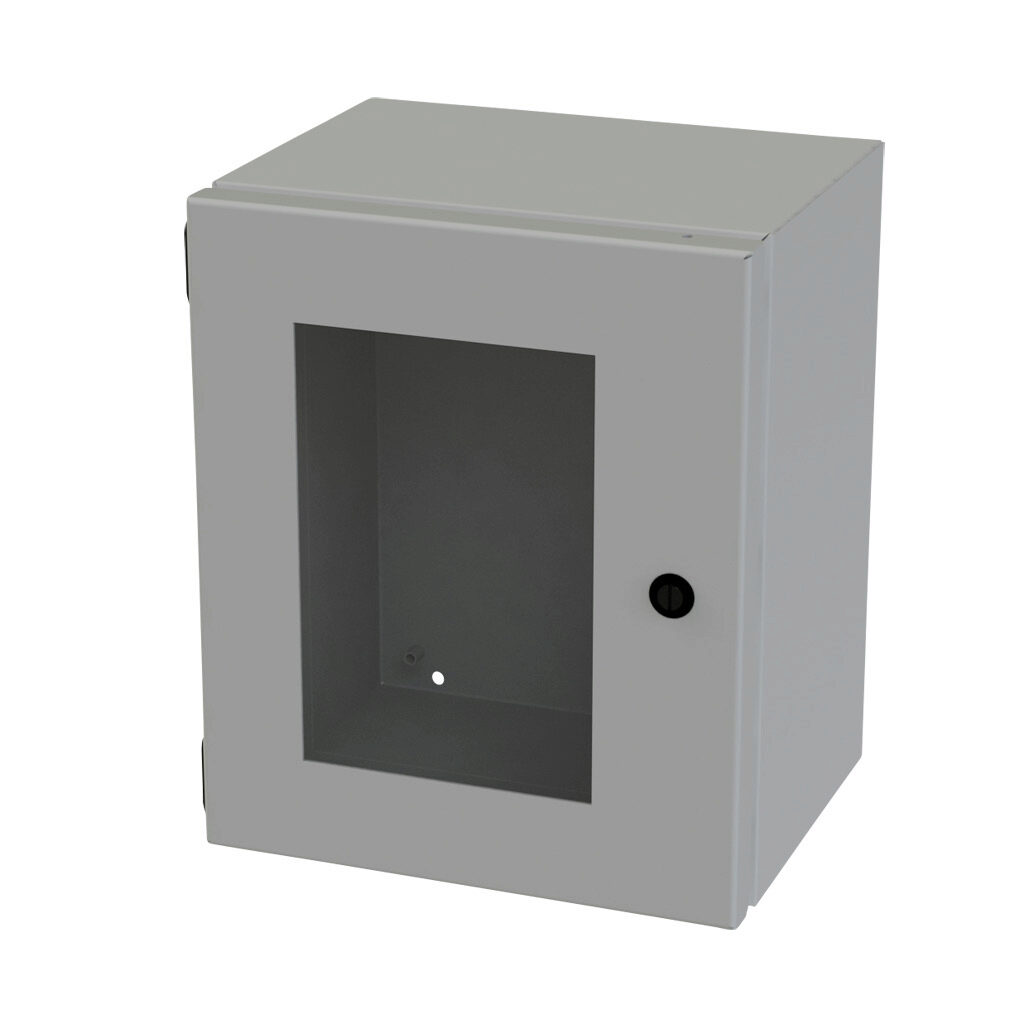 SCE-12108ELJW - Saginaw Enviroline Junction series enclosure, NEMA 3R/4/12/13, 12 x 10 x 8in (HxWxD), wall mount, carbon steel, ANSI 61 gray, powder coat finish, single-door, 1/4-turn semi-flush latch, polycarbonate window.