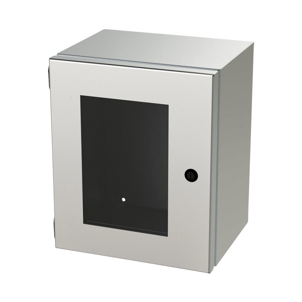 SCE-12108ELJWSS - Saginaw Enviroline Junction series enclosure, NEMA 3R/4/4X/12/13, 12 x 10 x 8in (HxWxD), wall mount, 304 stainless steel, #4 brush finish, single-door, 1/4-turn semi-flush latch, polycarbonate window.