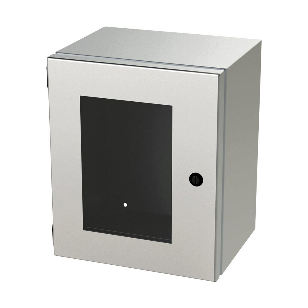 SCE-12108ELJWSS6 - Saginaw Enviroline Junction series enclosure, NEMA 3R/4/4X/12/13, 12 x 10 x 8in (HxWxD), wall mount, 316L stainless steel, #4 brush finish, single-door, 1/4-turn semi-flush latch, polycarbonate window.