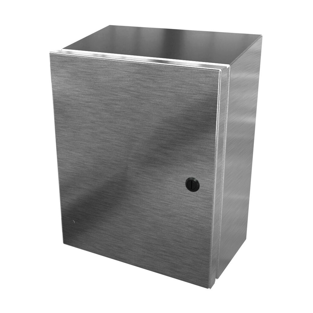 SCE-1210ELJSSST - Saginaw Enviroline Junction series enclosure, slope top, NEMA 3R/4/4X/12/13, 12 x 10 x 6in (HxWxD), wall mount, 304 stainless steel, #4 brush finish, single-door, 1/4-turn semi-flush latch.