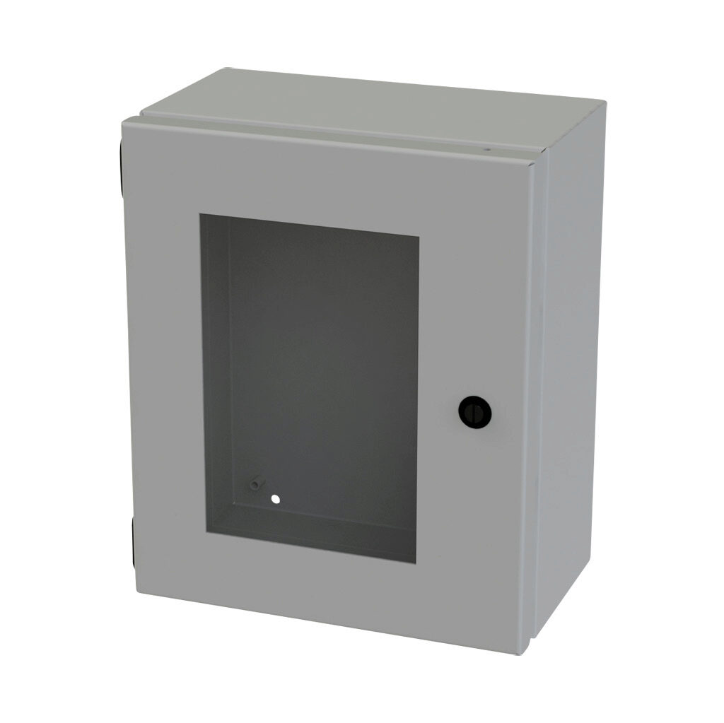SCE-1210ELJW - Saginaw Enviroline Junction series enclosure, NEMA 3R/4/12/13, 12 x 10 x 6in (HxWxD), wall mount, carbon steel, ANSI 61 gray, powder coat finish, single-door, 1/4-turn semi-flush latch, polycarbonate window.