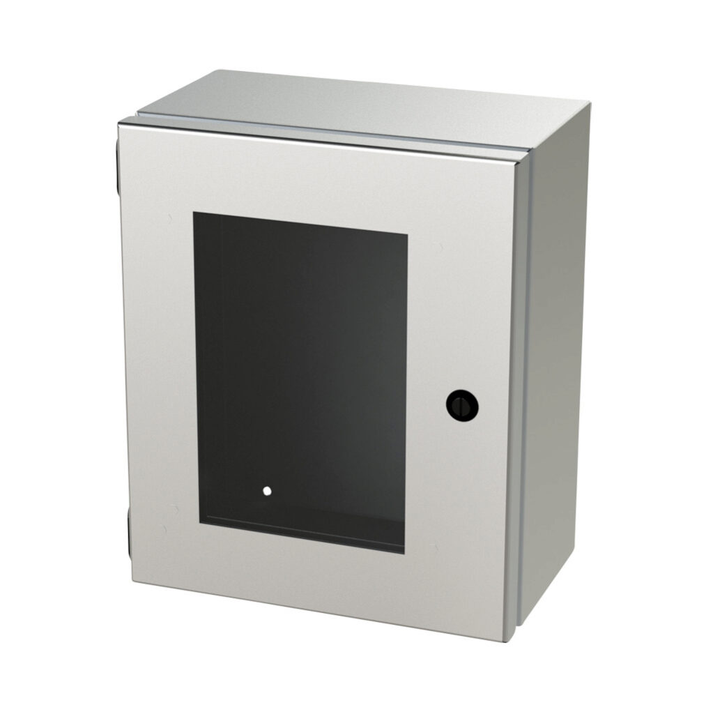 SCE-1210ELJWSS - Saginaw Enviroline Junction series enclosure, NEMA 3R/4/4X/12/13, 12 x 10 x 6in (HxWxD), wall mount, 304 stainless steel, #4 brush finish, single-door, 1/4-turn semi-flush latch, polycarbonate window.