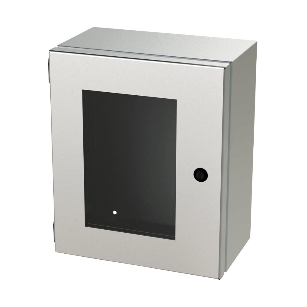 SCE-1210ELJWSS6 - Saginaw Enviroline Junction series enclosure, NEMA 3R/4/4X/12/13, 12 x 10 x 6in (HxWxD), wall mount, 316L stainless steel, #4 brush finish, single-door, 1/4-turn semi-flush latch, polycarbonate window.