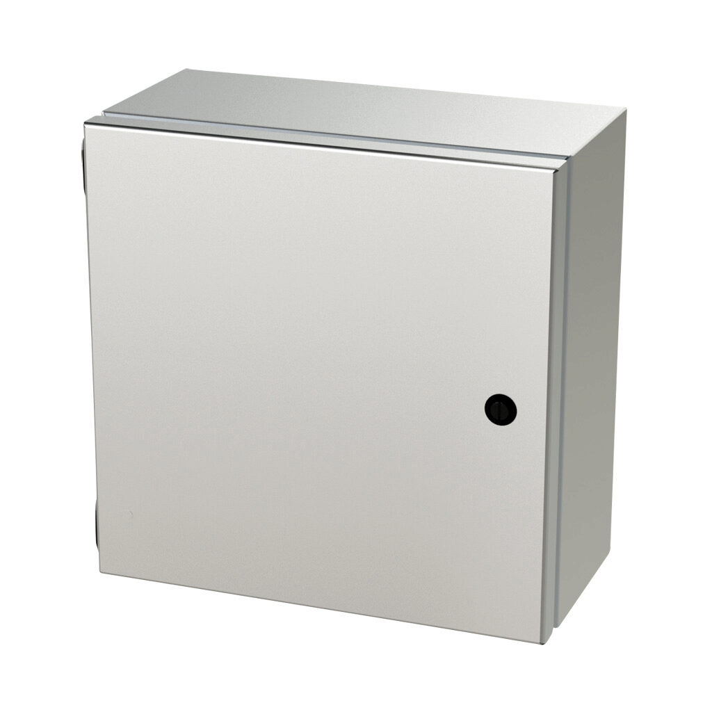 SCE-1212ELJSS - Saginaw Enviroline Junction series enclosure, NEMA 3R/4/4X/12/13, 12 x 12 x 6in (HxWxD), wall mount, 304 stainless steel, #4 brush finish, single-door, 1/4-turn semi-flush latch.