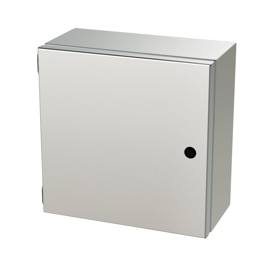 SCE-1212ELJSS6 - Saginaw Enviroline Junction series enclosure, NEMA 3R/4/4X/12/13, 12 x 12 x 6in (HxWxD), wall mount, 316L stainless steel, #4 brush finish, single-door, 1/4-turn semi-flush latch.