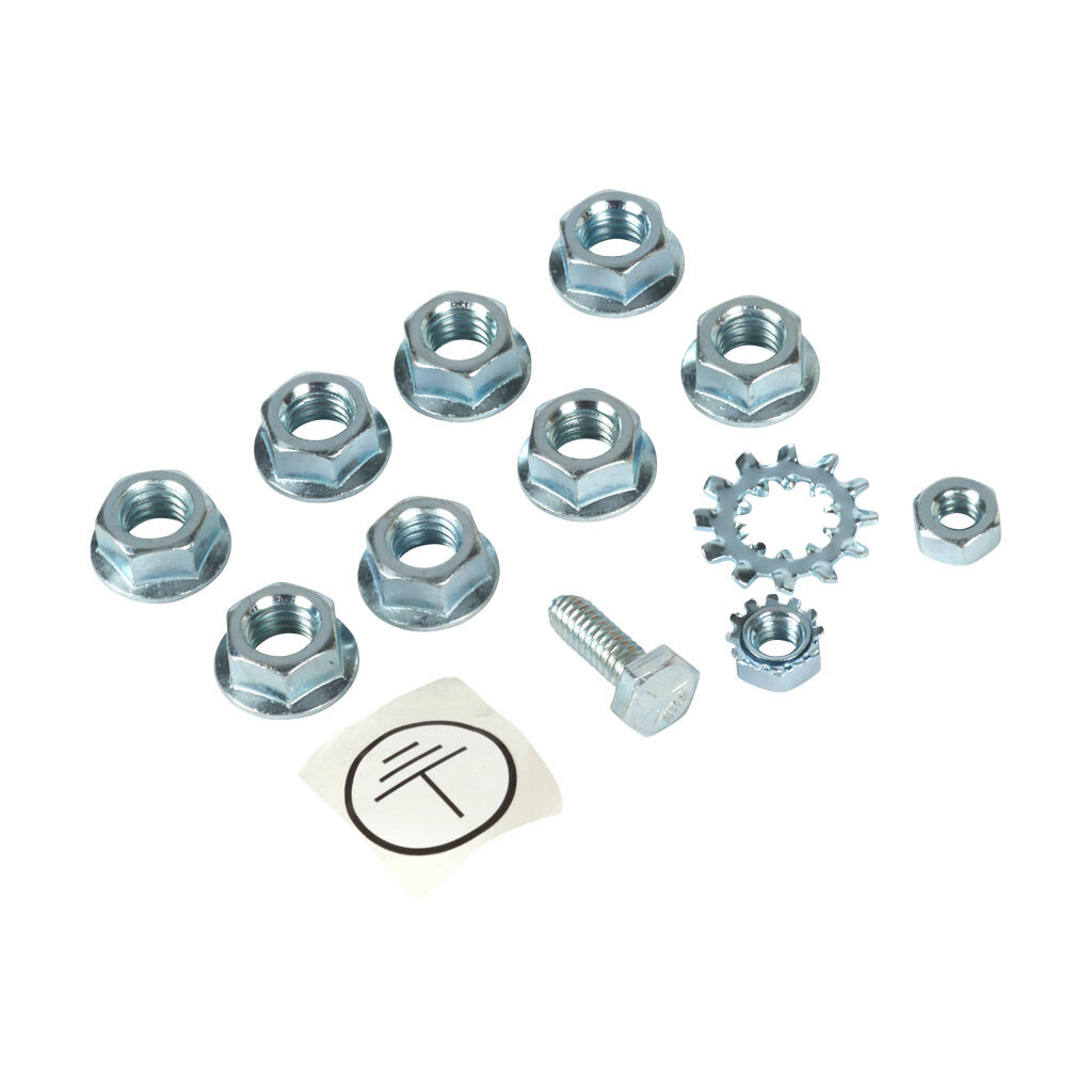 SCE-121454 - Saginaw wall-mount master bolt pack, hex head, carbon steel, zinc plated finish. (1) 1/4-20 x 3/4in ground screw, nuts, washers and grounding label included.
