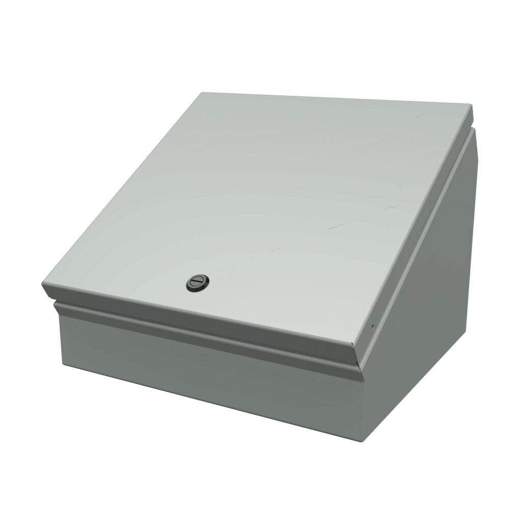 SCE-12C12ELJ - Saginaw operator consolet, NEMA 3R/4/12/13, 12 x 12 x 9in (HxWxD), desktop or pedestal mount, carbon steel, ANSI 61 gray, powder coat finish, single-door, 1/4-turn semi-flush latch.