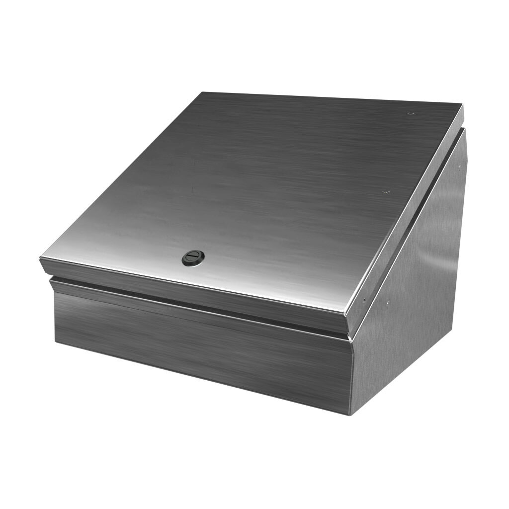 SCE-12C12ELJSS - Saginaw operator consolet, NEMA 3R/4/4X/12/13, 12 x 12 x 9in (HxWxD), desktop or pedestal mount, 304 stainless steel, #4 brush finish, single-door, 1/4-turn semi-flush latch.
