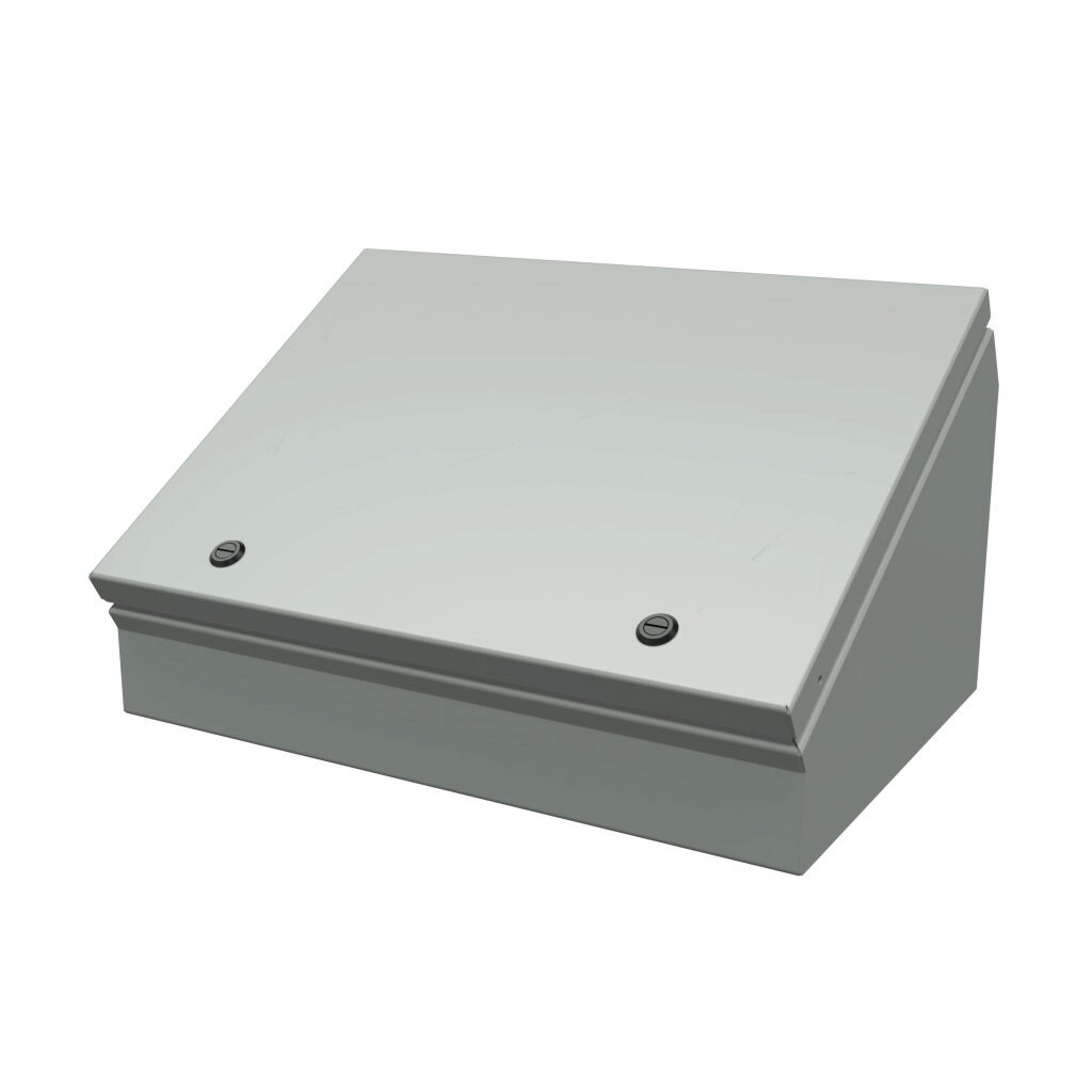 SCE-12C16ELJ - Saginaw operator consolet, NEMA 3R/4/12/13, 12 x 16 x 9in (HxWxD), desktop or pedestal mount, carbon steel, ANSI 61 gray, powder coat finish, single-door, 1/4-turn semi-flush latch.