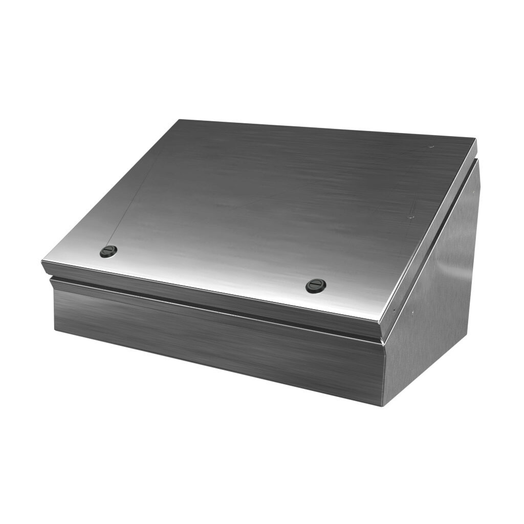 SCE-12C16ELJSS - Saginaw operator consolet, NEMA 3R/4/4X/12/13, 12 x 16 x 9in (HxWxD), desktop or pedestal mount, 304 stainless steel, #4 brush finish, single-door, 1/4-turn semi-flush latch.