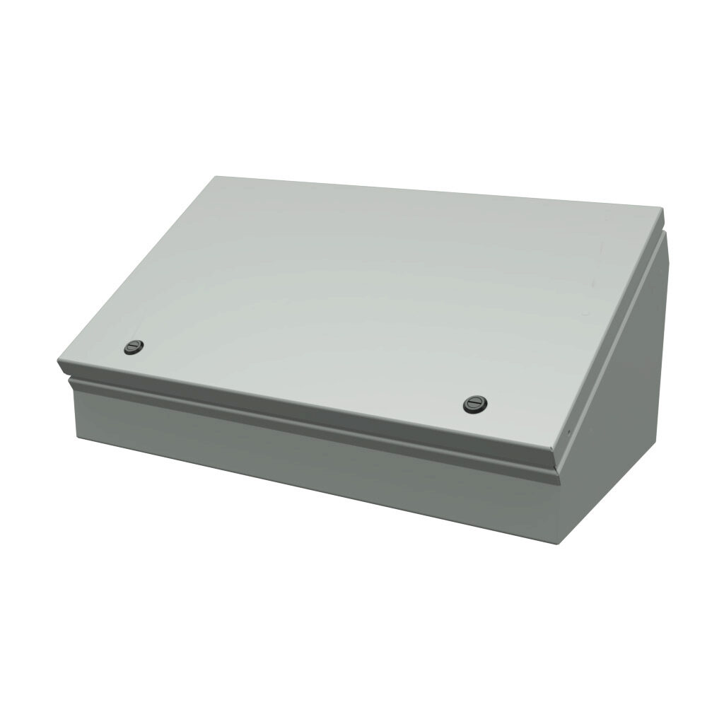 SCE-12C20ELJ - Saginaw operator consolet, NEMA 3R/4/12/13, 12 x 20 x 9in (HxWxD), desktop or pedestal mount, carbon steel, ANSI 61 gray, powder coat finish, single-door, 1/4-turn semi-flush latch.