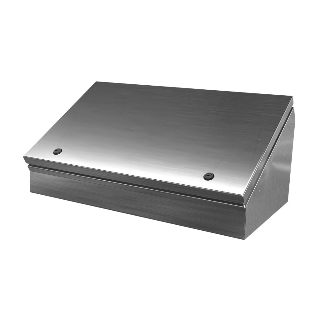 SCE-12C20ELJSS - Saginaw operator consolet, NEMA 3R/4/4X/12/13, 12 x 20 x 9in (HxWxD), desktop or pedestal mount, 304 stainless steel, #4 brush finish, single-door, 1/4-turn semi-flush latch.