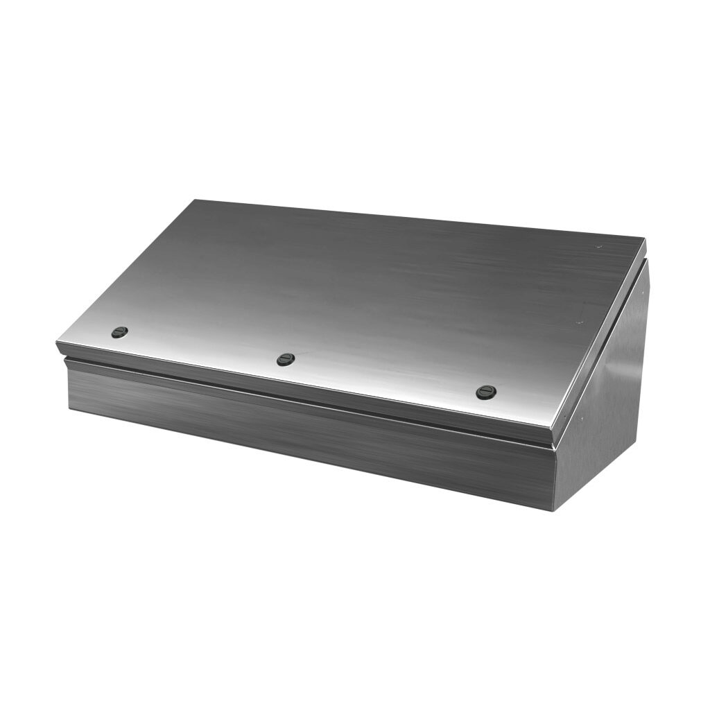 SCE-12C24ELJSS - Saginaw operator consolet, NEMA 3R/4/4X/12/13, 12 x 24 x 9in (HxWxD), desktop or pedestal mount, 304 stainless steel, #4 brush finish, single-door, 1/4-turn semi-flush latch.