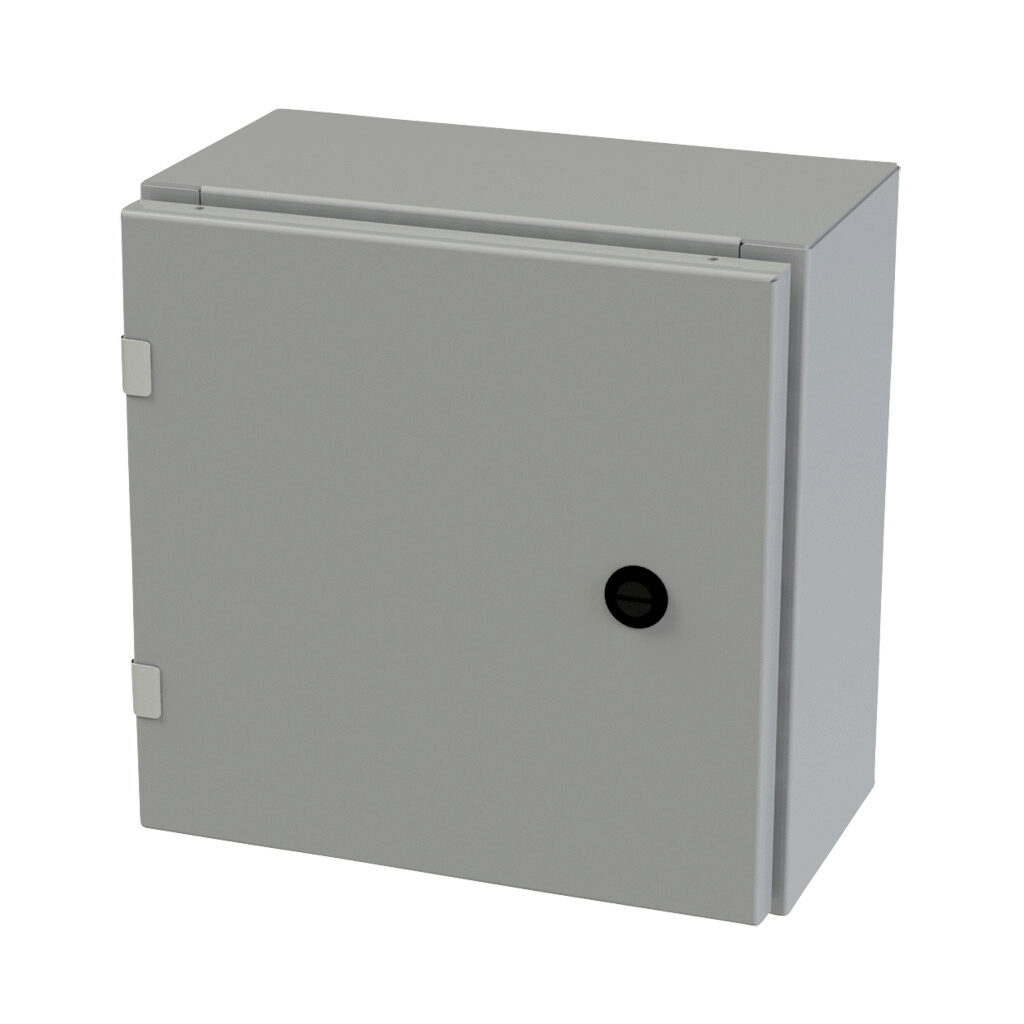 SCE-12EL1206LP - Saginaw Enviroline series enclosure, NEMA 3R/4/12/13, 12 x 12 x 6in (HxWxD), wall mount, carbon steel, ANSI 61 gray, powder coat finish, single-door, 1/4-turn semi-flush latch.