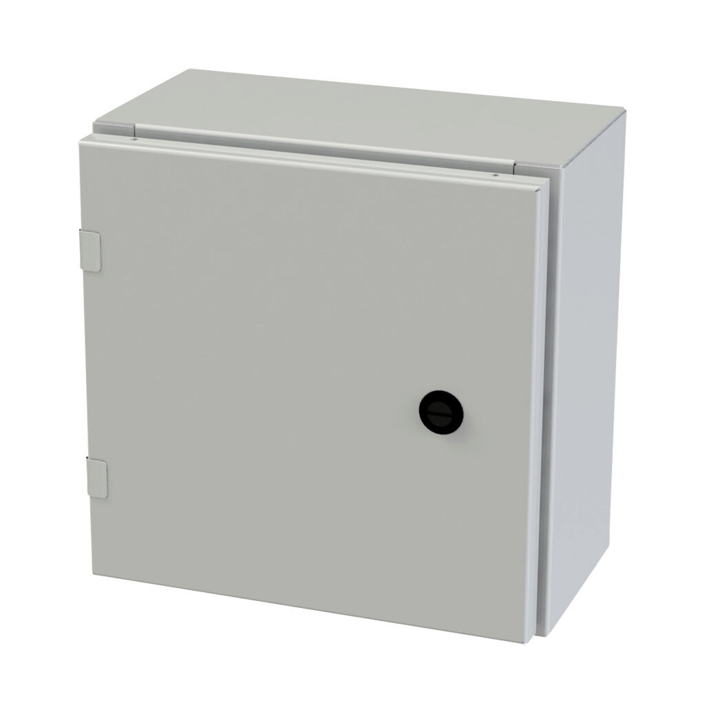 SCE-12EL1206LPLG - Saginaw Enviroline series enclosure, NEMA 3R/4/12/13, 12 x 12 x 6in (HxWxD), wall mount, carbon steel, RAL 7035 light gray, powder coat finish, single-door, 1/4-turn semi-flush latch.