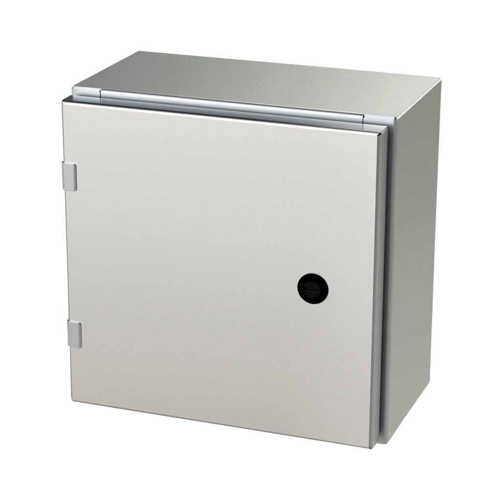 SCE-12EL1206SS6LP - Saginaw Enviroline series enclosure, NEMA 3R/4/4X/12/13, 12 x 12 x 6in (HxWxD), wall mount, 316L stainless steel, #4 brush finish, single-door, 1/4-turn semi-flush latch.