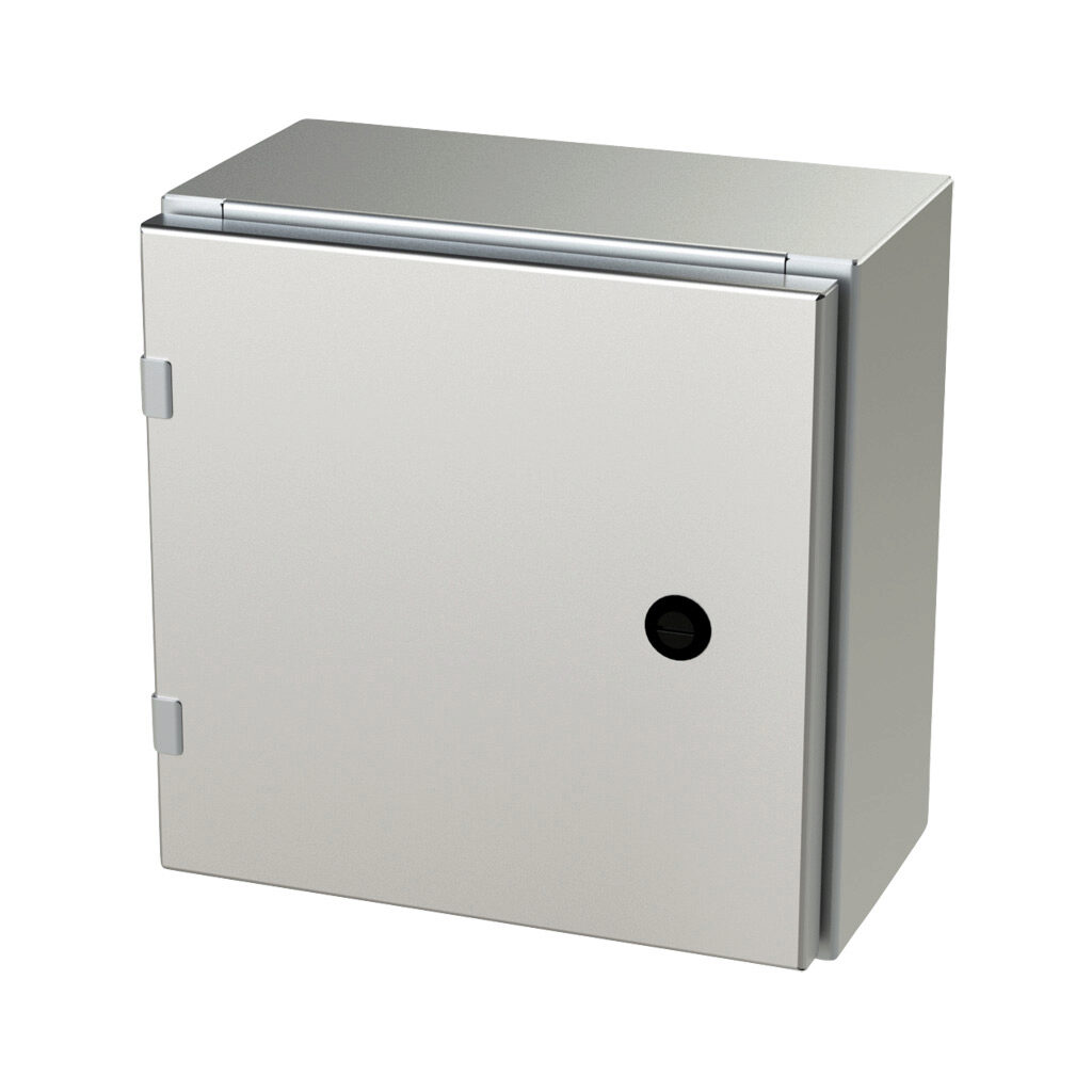 SCE-12EL1206SSLP - Saginaw Enviroline series enclosure, NEMA 3R/4/4X/12/13, 12 x 12 x 6in (HxWxD), wall mount, 304 stainless steel, #4 brush finish, single-door, 1/4-turn semi-flush latch.