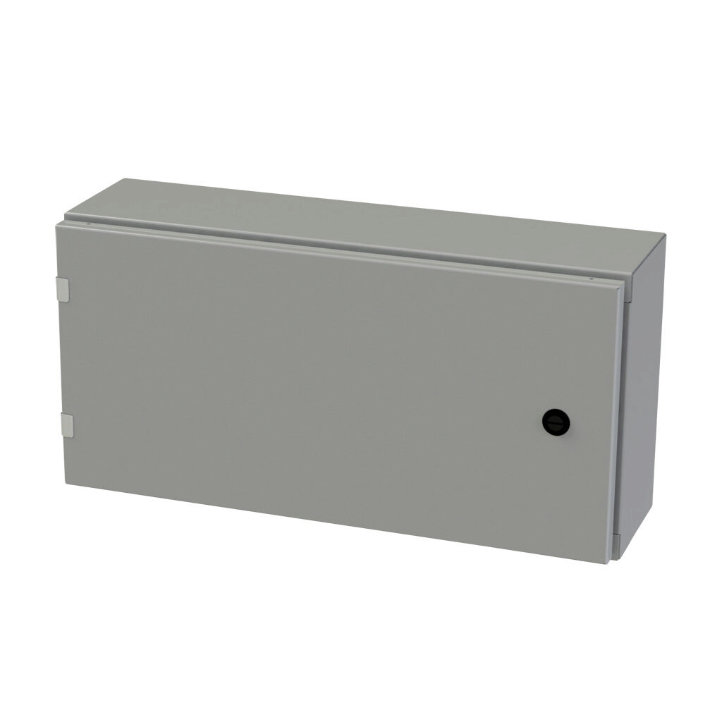SCE-12EL2406LP - Saginaw Enviroline series enclosure, NEMA 3R/4/12/13, 12 x 24 x 6in (HxWxD), wall mount, carbon steel, ANSI 61 gray, powder coat finish, single-door, 1/4-turn semi-flush latch.