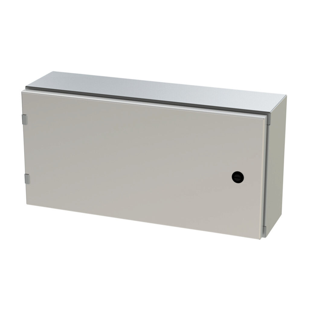 SCE-12EL2406SS6LP - Saginaw Enviroline series enclosure, NEMA 3R/4/4X/12/13, 12 x 24 x 6in (HxWxD), wall mount, 316L stainless steel, #4 brush finish, single-door, 1/4-turn semi-flush latch.