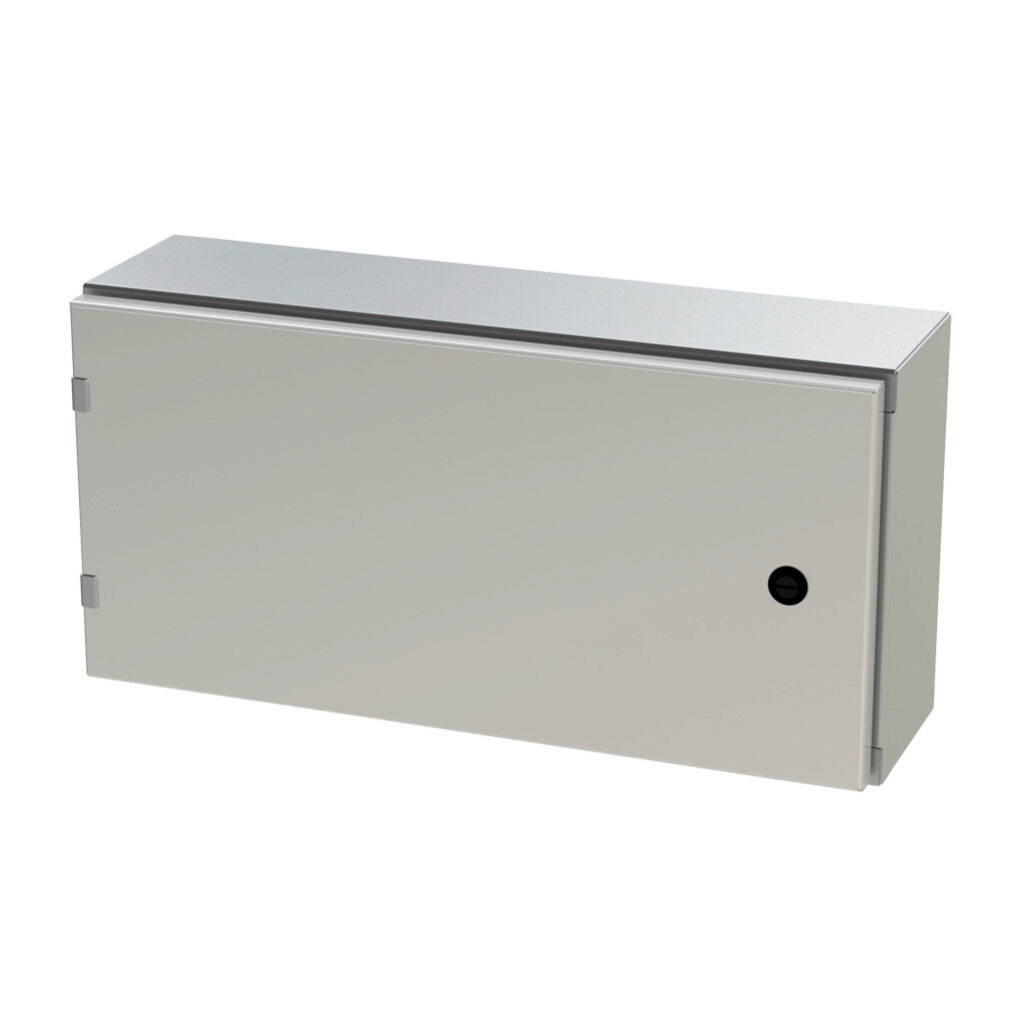 SCE-12EL2406SSLP - Saginaw Enviroline series enclosure, NEMA 3R/4/4X/12/13, 12 x 24 x 6in (HxWxD), wall mount, 304 stainless steel, #4 brush finish, single-door, 1/4-turn semi-flush latch.