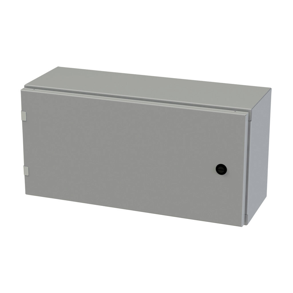 SCE-12EL2408LP - Saginaw Enviroline series enclosure, NEMA 3R/4/12/13, 12 x 24 x 8in (HxWxD), wall mount, carbon steel, ANSI 61 gray, powder coat finish, single-door, 1/4-turn semi-flush latch.