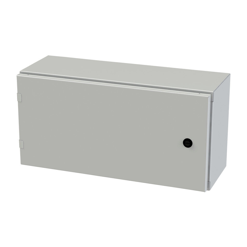 SCE-12EL2408LPLG - Saginaw Enviroline series enclosure, NEMA 3R/4/12/13, 12 x 24 x 8in (HxWxD), wall mount, carbon steel, RAL 7035 light gray, powder coat finish, single-door, 1/4-turn semi-flush latch.