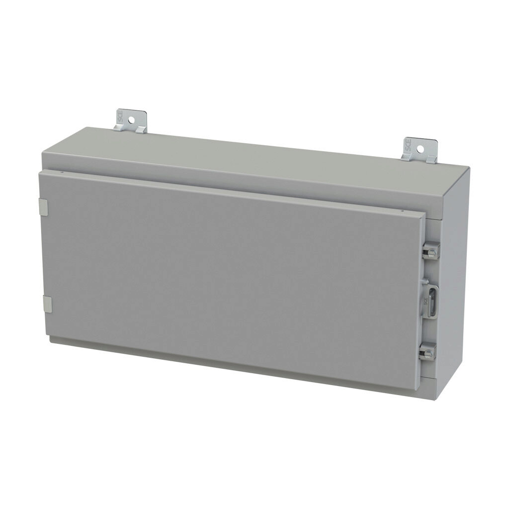 SCE-12H2406LP - Saginaw enclosure, NEMA 3R/4/12/13, 12 x 24 x 6in (HxWxD), wall mount, carbon steel, ANSI 61 gray, powder coat finish, single-door, plated steel clamps, padlock hasp and staple.
