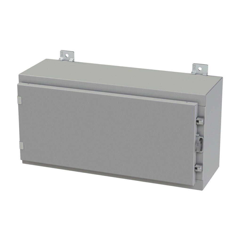 SCE-12H2408LP - Saginaw enclosure, NEMA 3R/4/12/13, 12 x 24 x 8in (HxWxD), wall mount, carbon steel, ANSI 61 gray, powder coat finish, single-door, plated steel clamps, padlock hasp and staple.