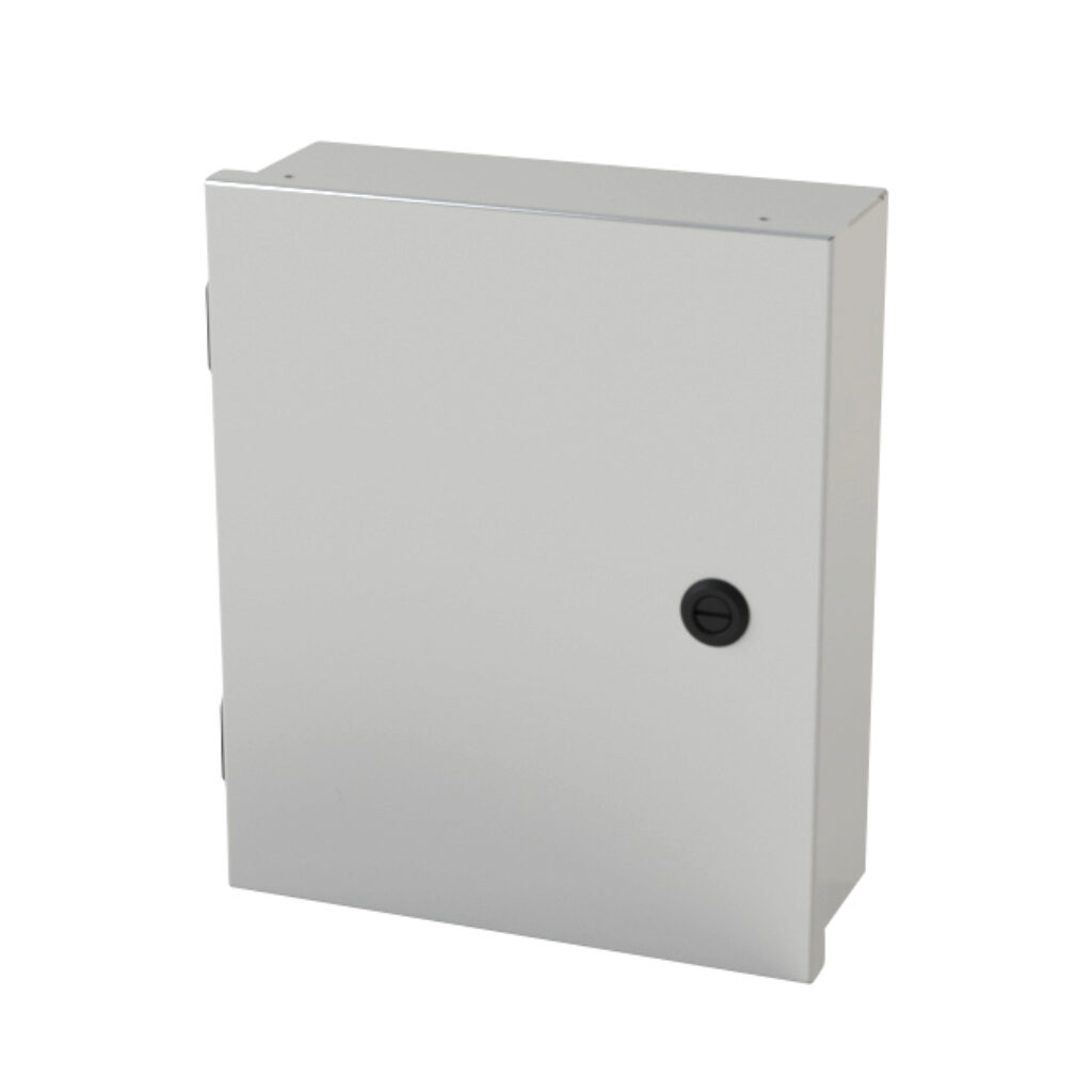 SCE-12N1004LP - Saginaw enclosure, NEMA 1, 12 x 10 x 4in (HxWxD), wall mount, carbon steel, ANSI 61 gray, powder coat finish, single-door, 1/4-turn semi-flush latch.