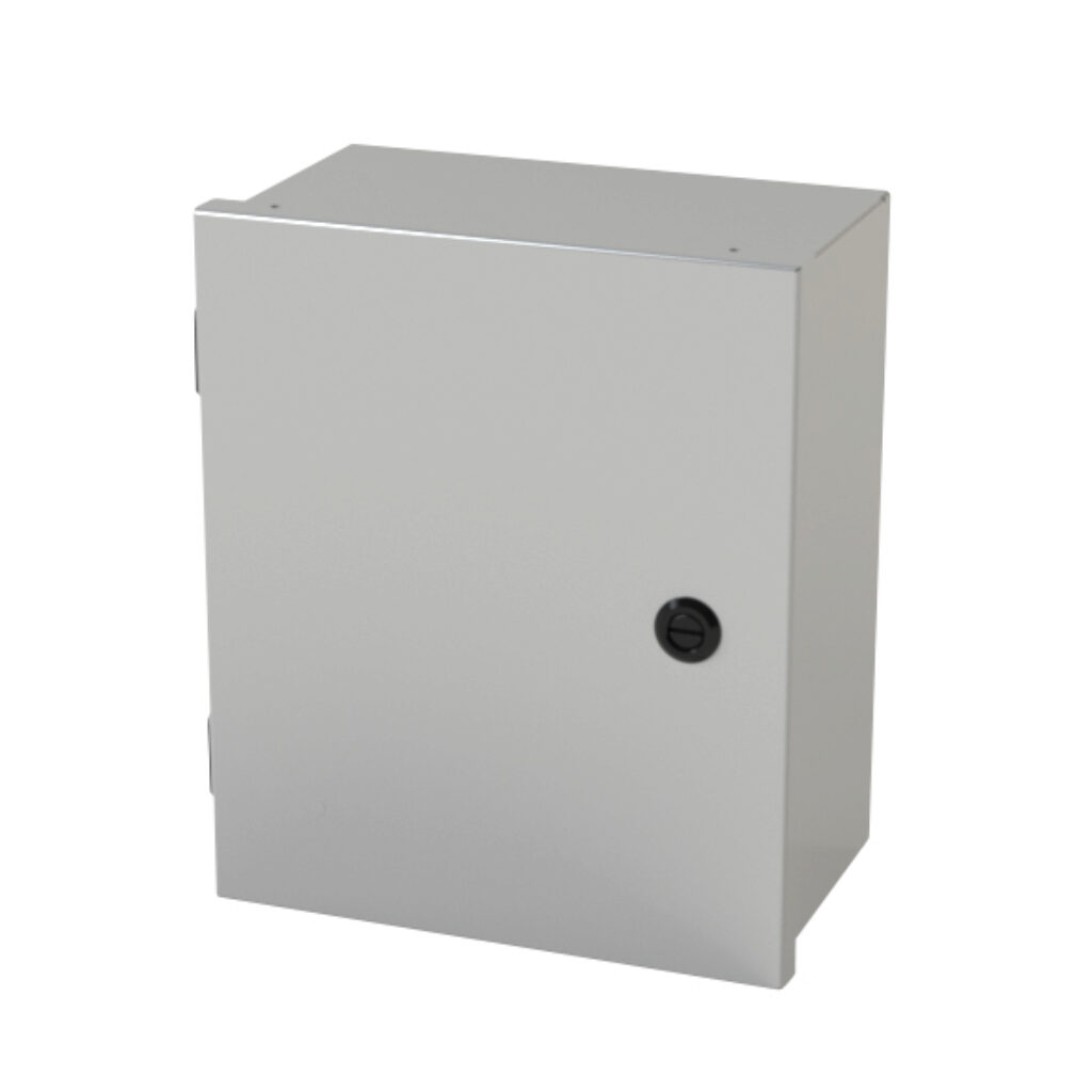 SCE-12N1006LP - Saginaw enclosure, NEMA 1, 12 x 10 x 6in (HxWxD), wall mount, carbon steel, ANSI 61 gray, powder coat finish, single-door, 1/4-turn semi-flush latch.