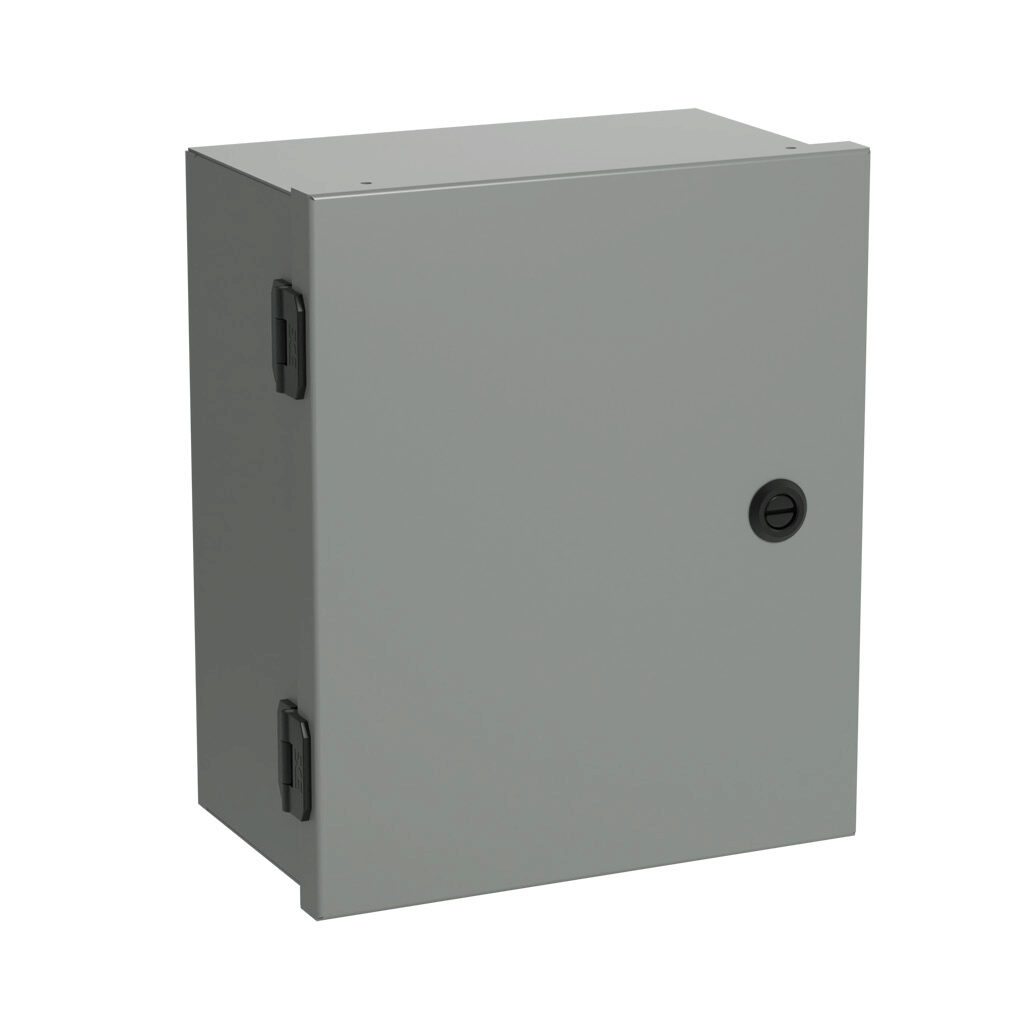 SCE-12N1006NKLP - Saginaw enclosure, NEMA 1, 12 x 10 x 6in (HxWxD), wall mount, with knockouts, carbon steel, ANSI 61 gray, powder coat finish, single-door, 1/4-turn semi-flush latch.