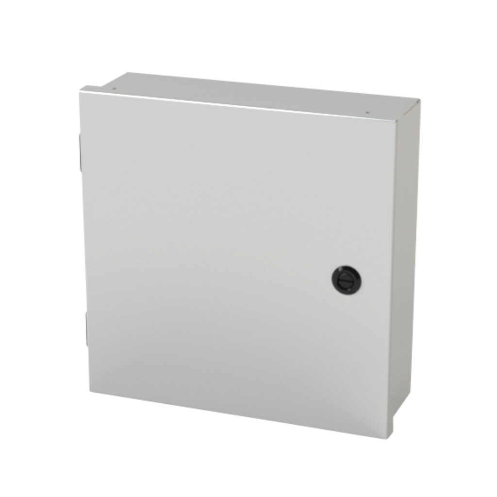 SCE-12N1204LP - Saginaw enclosure, NEMA 1, 12 x 12 x 4in (HxWxD), wall mount, carbon steel, ANSI 61 gray, powder coat finish, single-door, 1/4-turn semi-flush latch.