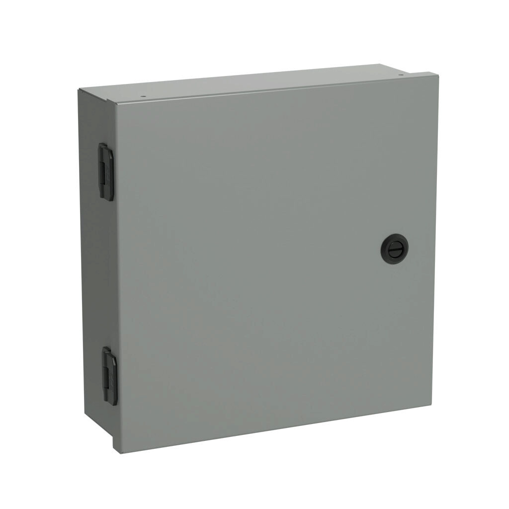 SCE-12N1204NKLP - Saginaw enclosure, NEMA 1, 12 x 12 x 4in (HxWxD), wall mount, with knockouts, carbon steel, ANSI 61 gray, powder coat finish, single-door, 1/4-turn semi-flush latch.