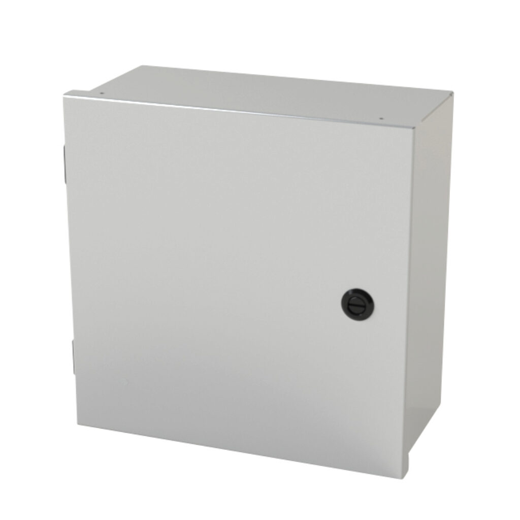 SCE-12N1206LP - Saginaw enclosure, NEMA 1, 12 x 12 x 6in (HxWxD), wall mount, carbon steel, ANSI 61 gray, powder coat finish, single-door, 1/4-turn semi-flush latch.