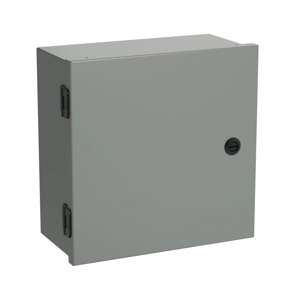 SCE-12N1206NKLP - Saginaw enclosure, NEMA 1, 12 x 12 x 6in (HxWxD), wall mount, with knockouts, carbon steel, ANSI 61 gray, powder coat finish, single-door, 1/4-turn semi-flush latch.