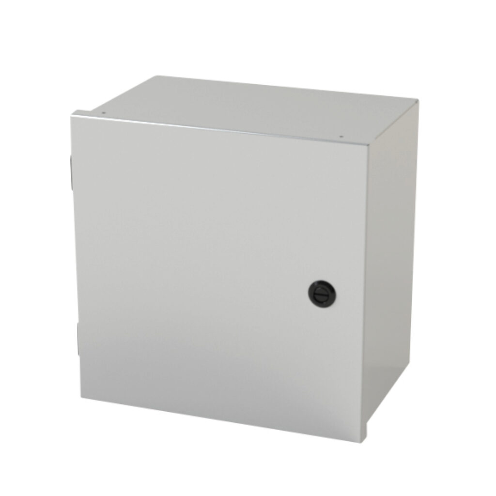 SCE-12N1208LP - Saginaw enclosure, NEMA 1, 12 x 12 x 8in (HxWxD), wall mount, carbon steel, ANSI 61 gray, powder coat finish, single-door, 1/4-turn semi-flush latch.