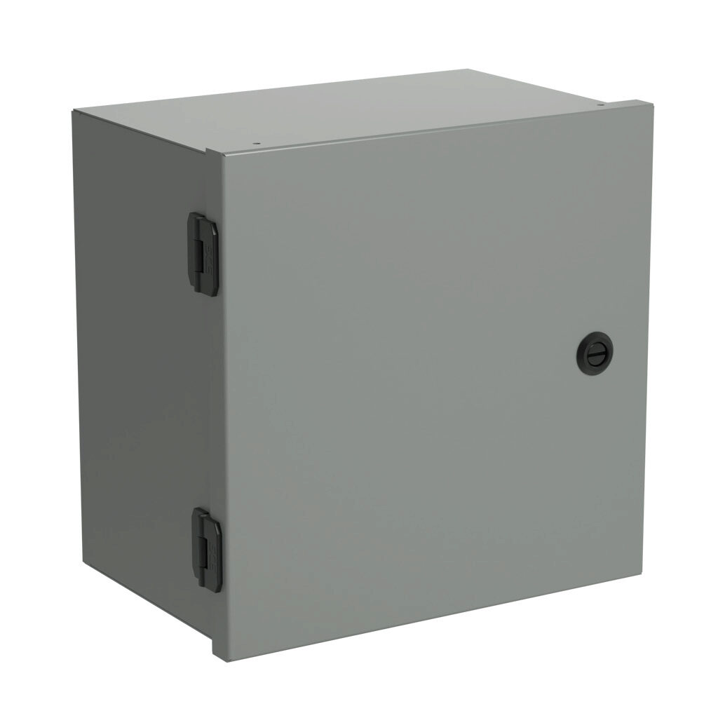 SCE-12N1208NKLP - Saginaw enclosure, NEMA 1, 12 x 12 x 8in (HxWxD), wall mount, with knockouts, carbon steel, ANSI 61 gray, powder coat finish, single-door, 1/4-turn semi-flush latch.