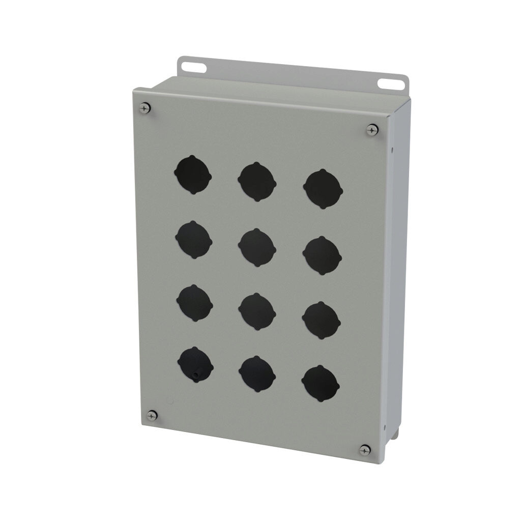 SCE-12PB - Saginaw pushbutton enclosure, 12 holes, 30mm, NEMA 4/12/13, 12 x 9 x 3in (HxWxD), wall mount, carbon steel, ANSI 61 gray, powder coat finish, screw cover.