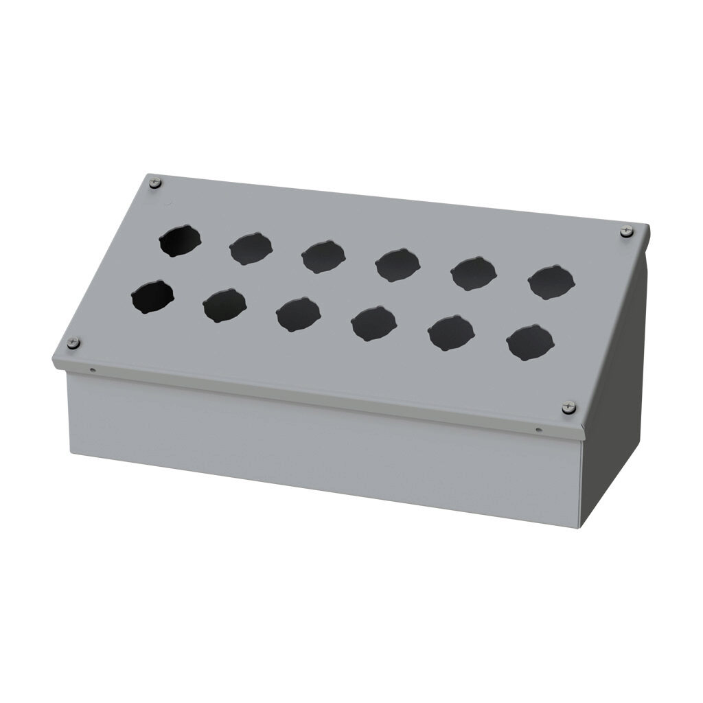 SCE-12PBA - Saginaw pushbutton consolet, 12 holes, 30mm, NEMA 4/12/13, 7 x 16 x 7in (HxWxD), wall mount, carbon steel, ANSI 61 gray, powder coat finish, screw cover.