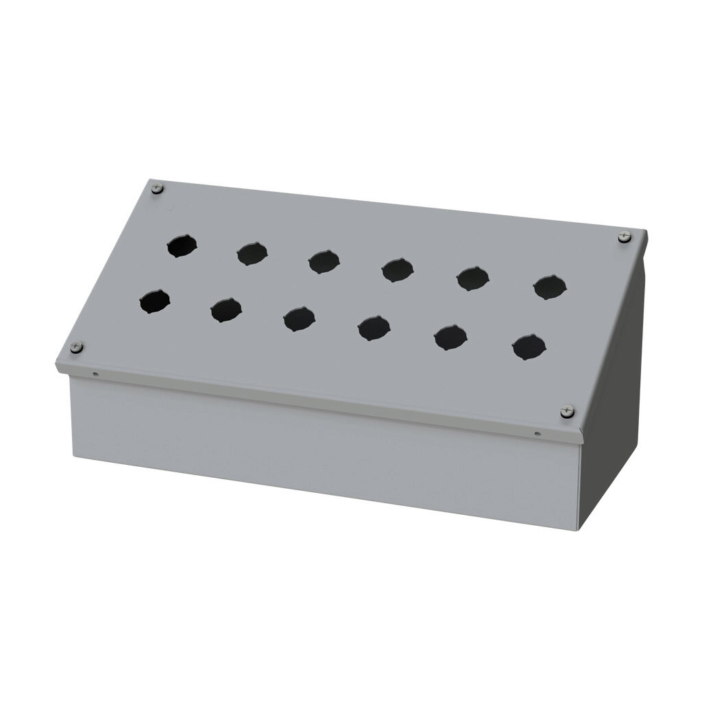 SCE-12PBAI - Saginaw pushbutton consolet, 12 holes, 22mm, NEMA 4/12/13, 7 x 16 x 7in (HxWxD), wall mount, carbon steel, ANSI 61 gray, powder coat finish, screw cover.