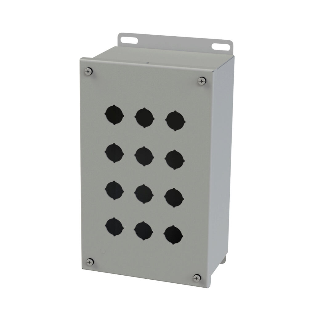 SCE-12PBGX - Saginaw pushbutton enclosure, 12 holes, 22mm, NEMA 4/12/13, 11 x 7 x 5in (HxWxD), wall mount, carbon steel, ANSI 61 gray, powder coat finish, screw cover.