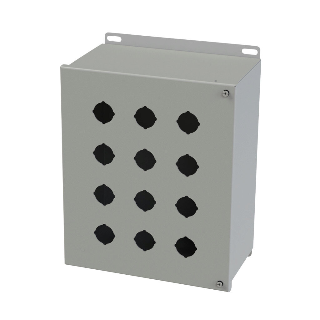 SCE-12PBH - Saginaw pushbutton enclosure, 12 holes, 30mm, NEMA 4/12/13, 12 x 10 x 6in (HxWxD), wall mount, carbon steel, ANSI 61 gray, powder coat finish, hinged screw cover.
