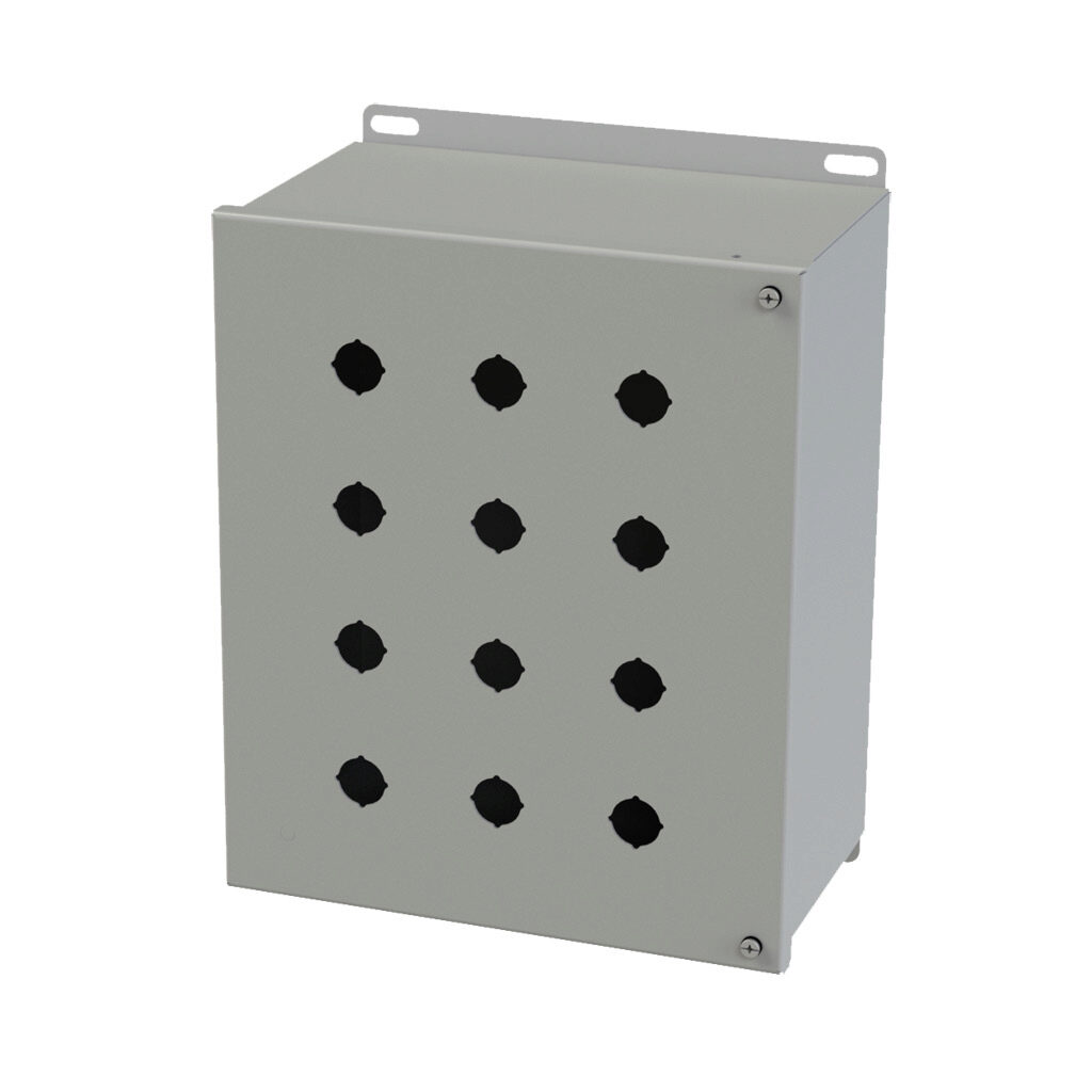 SCE-12PBHI - Saginaw pushbutton enclosure, 12 holes, 22mm, NEMA 4/12/13, 12 x 10 x 6in (HxWxD), wall mount, carbon steel, ANSI 61 gray, powder coat finish, hinged screw cover.