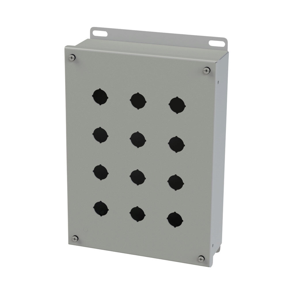 SCE-12PBI - Saginaw pushbutton enclosure, 12 holes, 22mm, NEMA 4/12/13, 12 x 9 x 3in (HxWxD), wall mount, carbon steel, ANSI 61 gray, powder coat finish, screw cover.