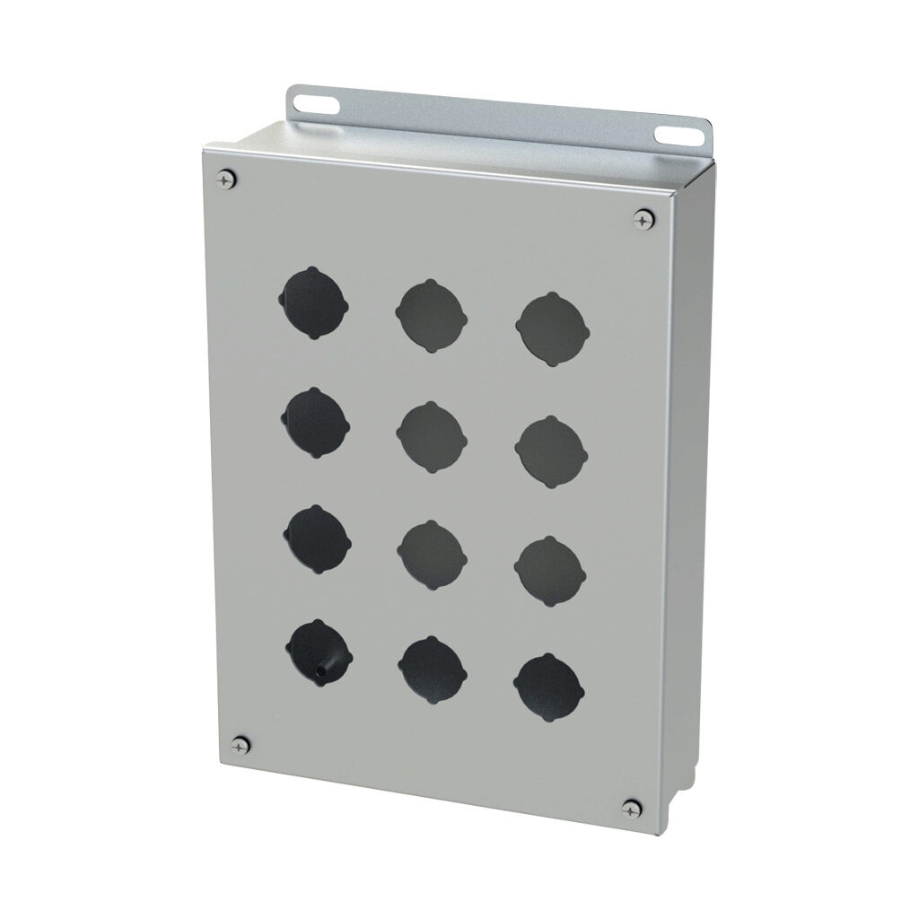 SCE-12PBSS - Saginaw pushbutton enclosure, 12 holes, 30mm, NEMA 4/4X/12/13, 12 x 9 x 3in (HxWxD), wall mount, 304 stainless steel, #4 brush finish, screw cover.