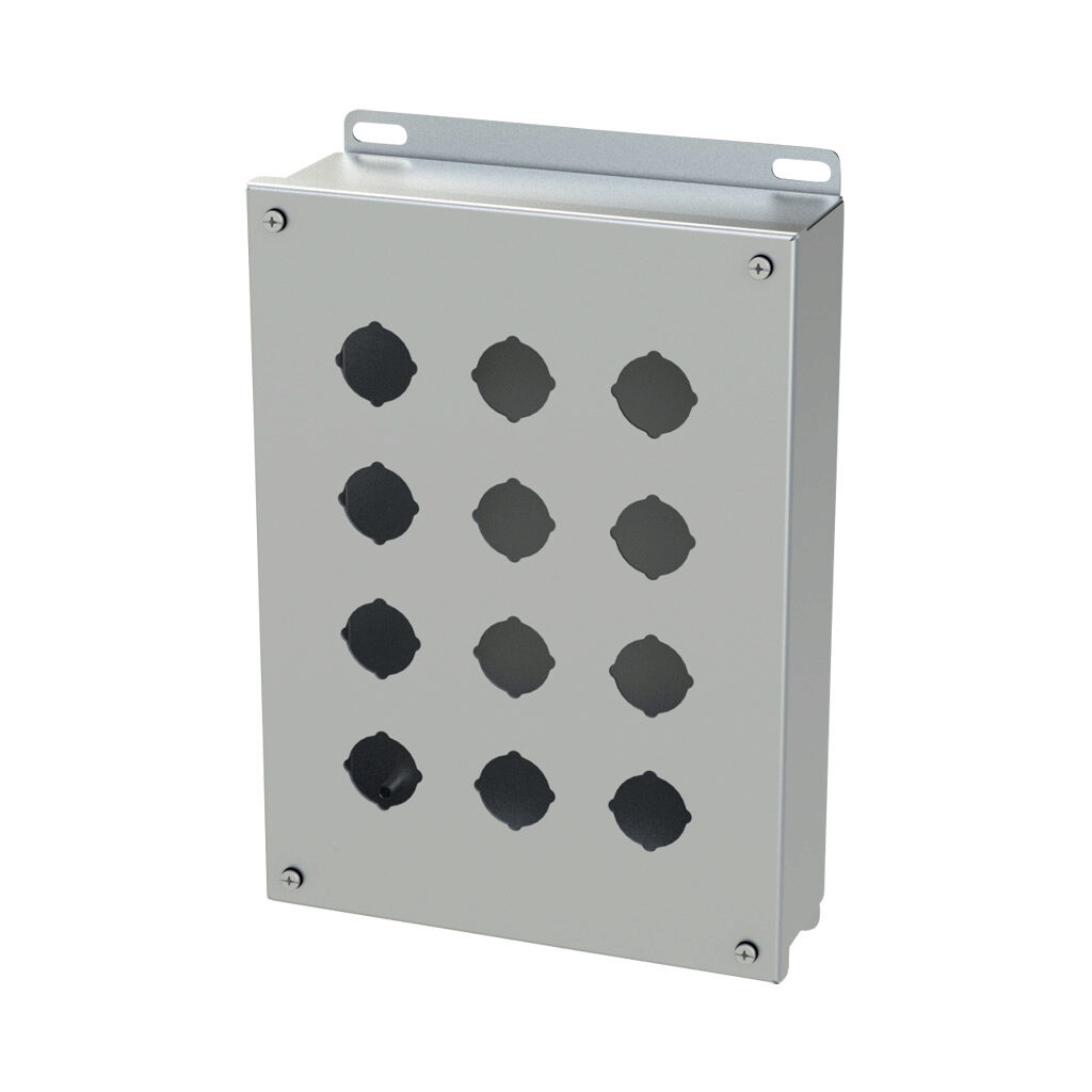 SCE-12PBSS6 - Saginaw pushbutton enclosure, 12 holes, 30mm, NEMA 4/4X/12/13, 12 x 9 x 3in (HxWxD), wall mount, 316L stainless steel, #4 brush finish, screw cover.