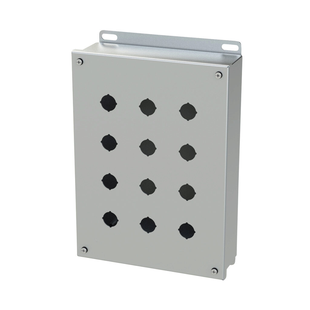 SCE-12PBSS6I - Saginaw pushbutton enclosure, 12 holes, 22mm, NEMA 4/4X/12/13, 12 x 9 x 3in (HxWxD), wall mount, 316L stainless steel, #4 brush finish, screw cover.