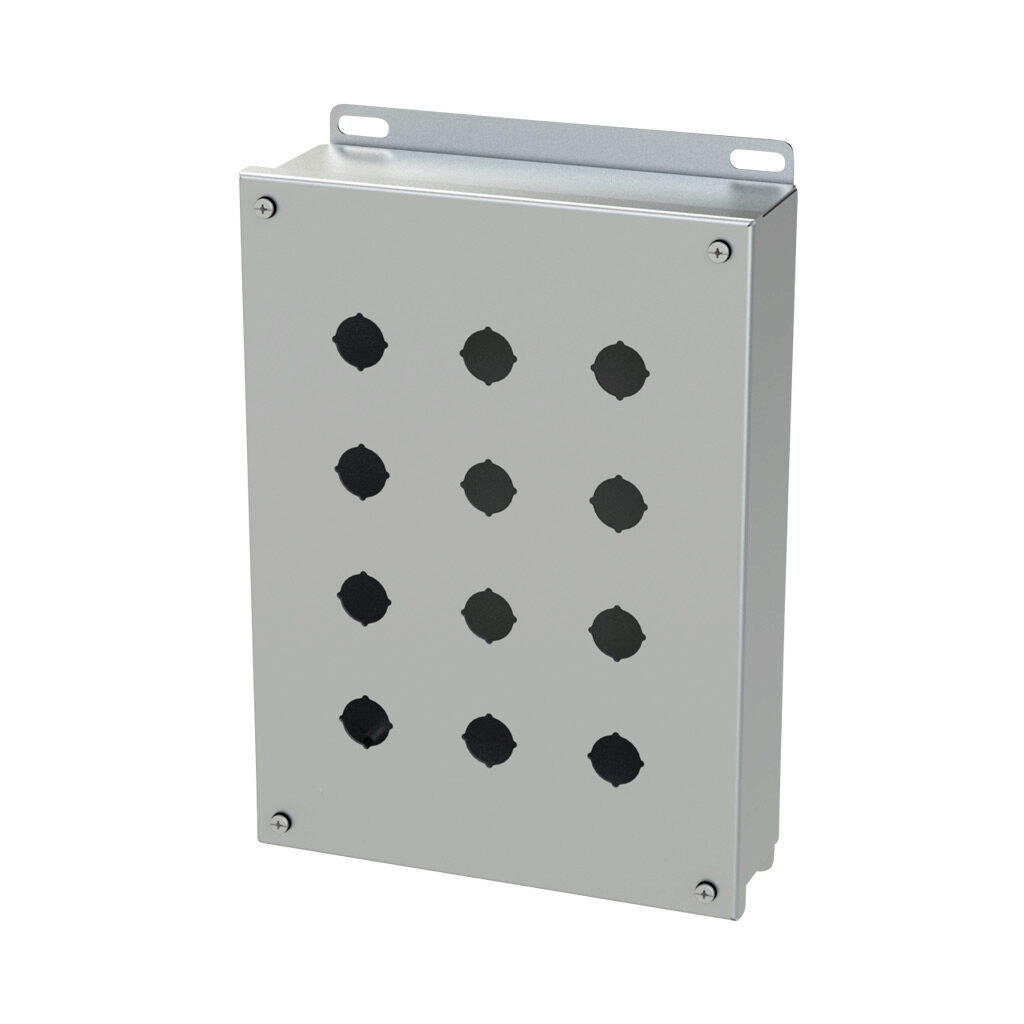 SCE-12PBSSI - Saginaw pushbutton enclosure, 12 holes, 22mm, NEMA 4/4X/12/13, 12 x 9 x 3in (HxWxD), wall mount, 304 stainless steel, #4 brush finish, screw cover.